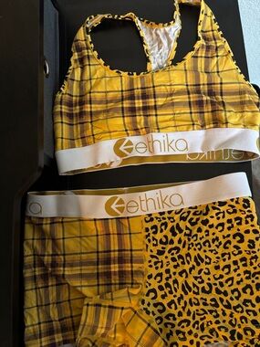 Ethika- Yellow Plaid & Leopard Active Set with White Logo Band